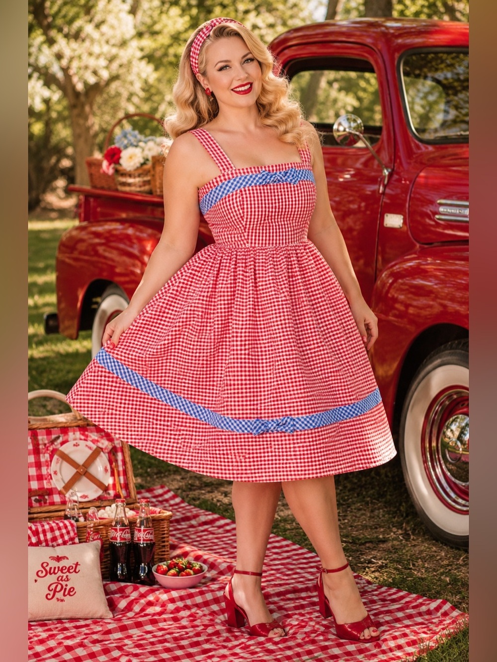 Unique Vintage 1960s Movie Date Red & Blue Gingham Swing Dress, XL, NWT! - Picture 4 of 16